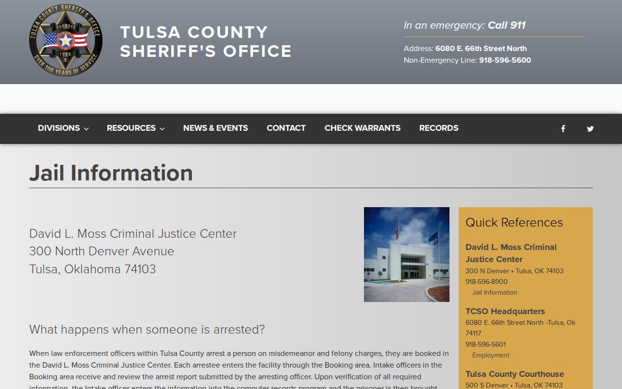 Jenks resident lookup route through the Tulsa County jail name-search and booking information page
